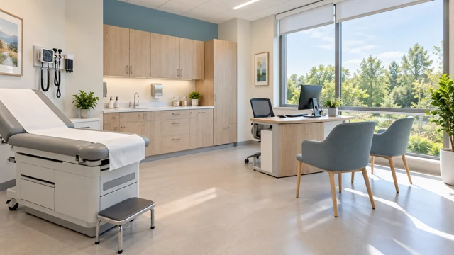 Bright clinic consultation room with an examination couch