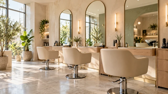 Elegant salon with ivory styling chairs and arched mirrors