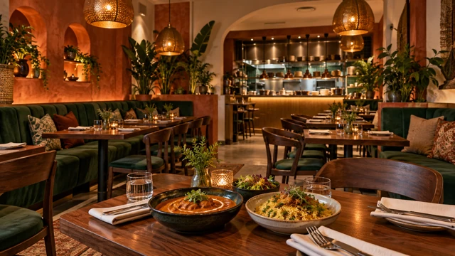 Warm restaurant with Indian dishes and green banquettes